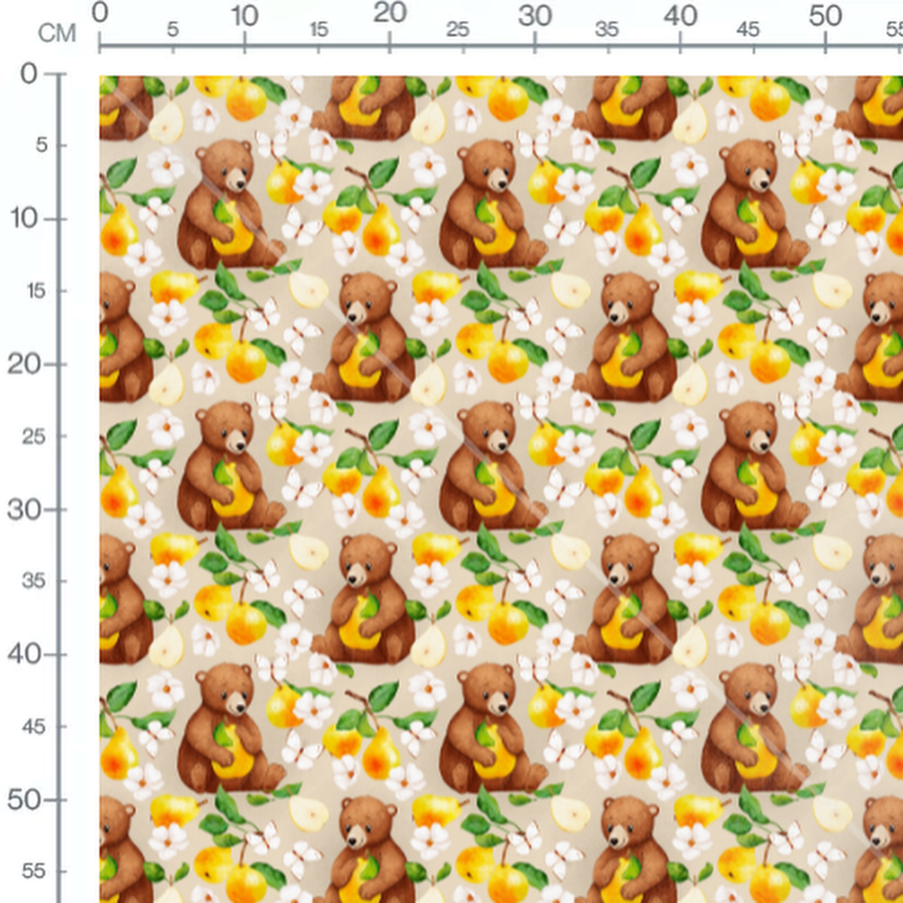 Tissu - Ours et poires sur fond beige
