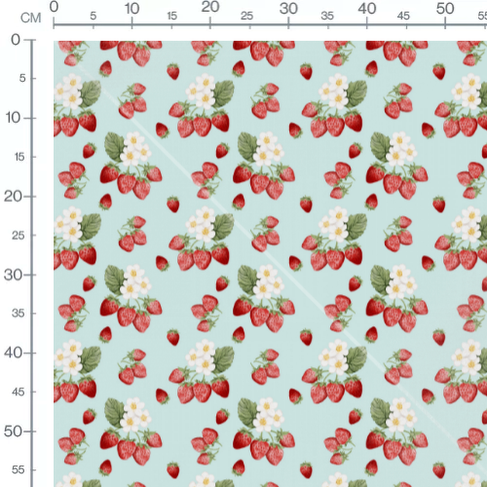 Tissu - Fraises et fleurs sur bleu clair