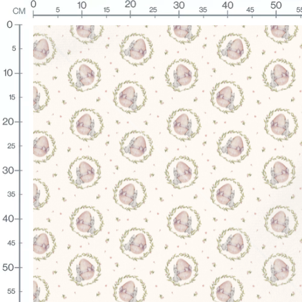 Tissu - Lapins gris et œufs roses blanc