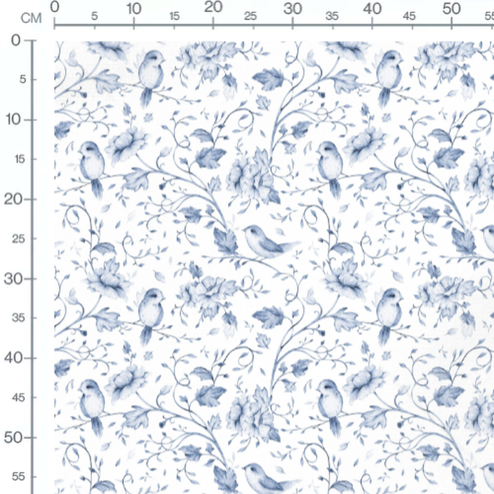 Tissu - Oiseaux et feuillages bleus