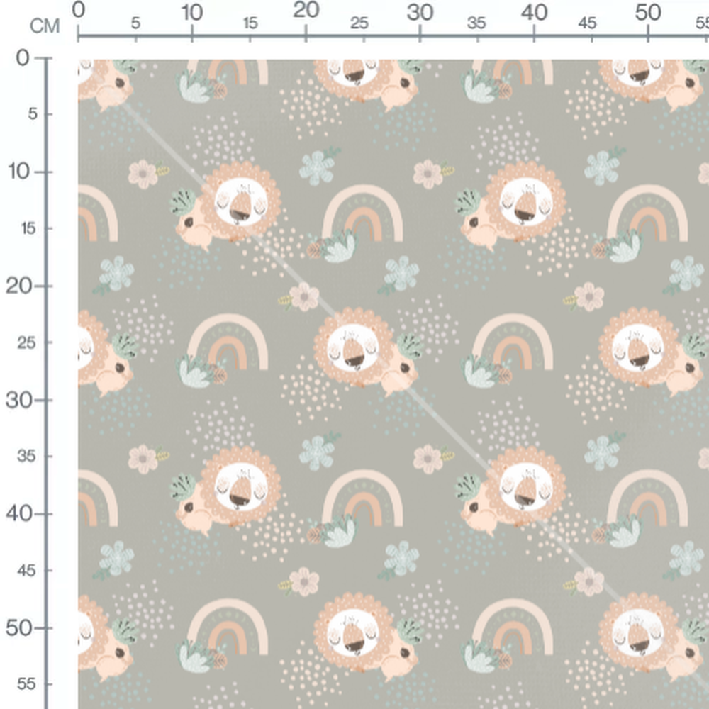 Tissu - Lions et fleurs pastel gris
