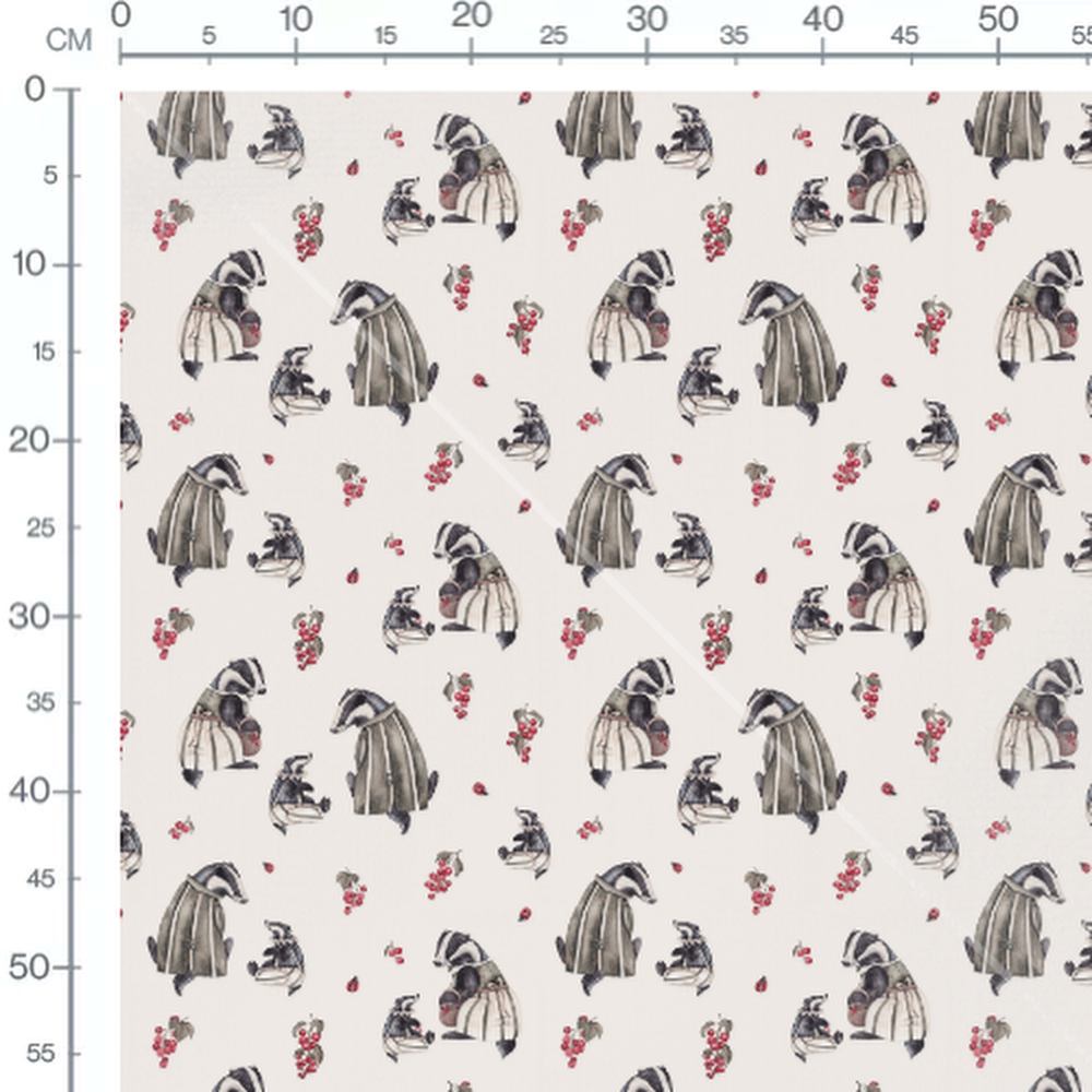 Tissu - Blaireaux en baies rouges crème
