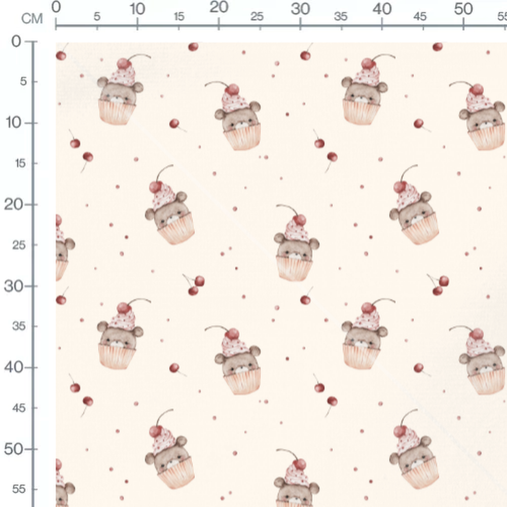 Tissu - Ours et cerises sur crème