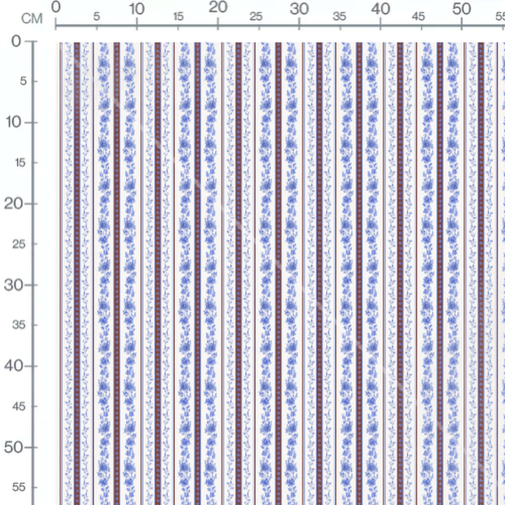 Tissu - Fleurs bleues et rayures marron