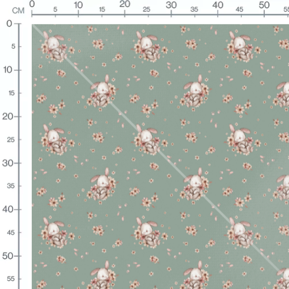 Tissu - Lapins et fleurs sur vert