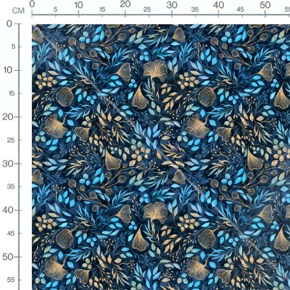 Tissu - Feuilles dorées sur bleu 2