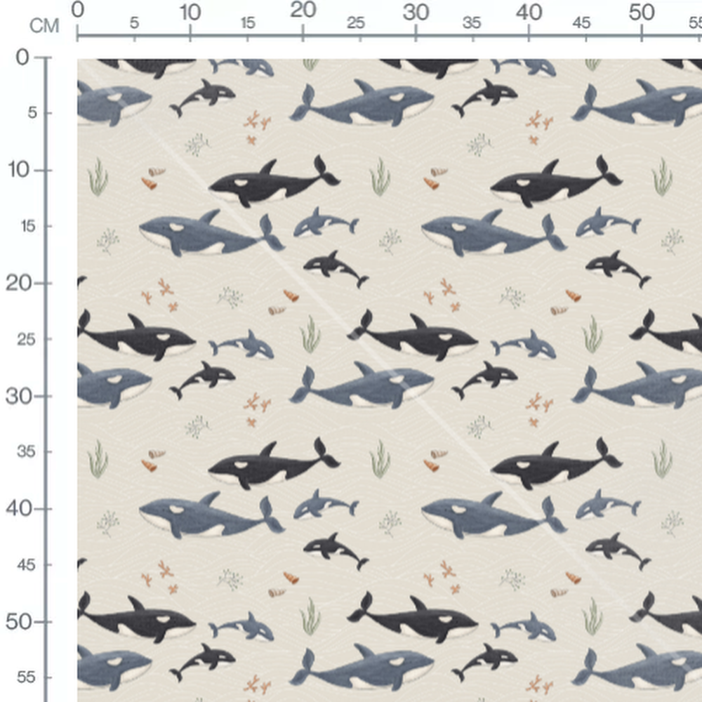 Tissu - Orques et baleines sur fond beige
