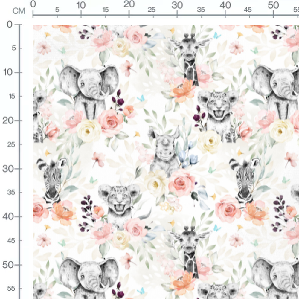Tissu - Animaux savane et fleurs