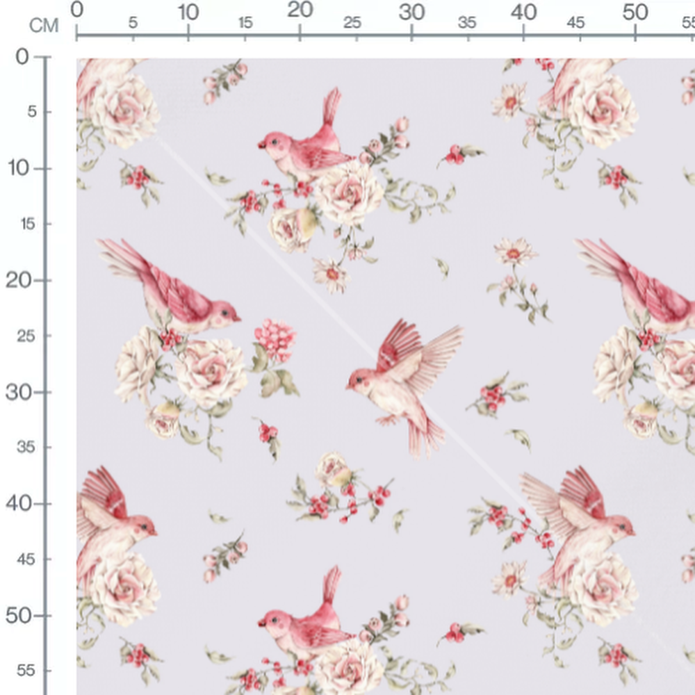 Tissu - Oiseaux roses sur fond gris