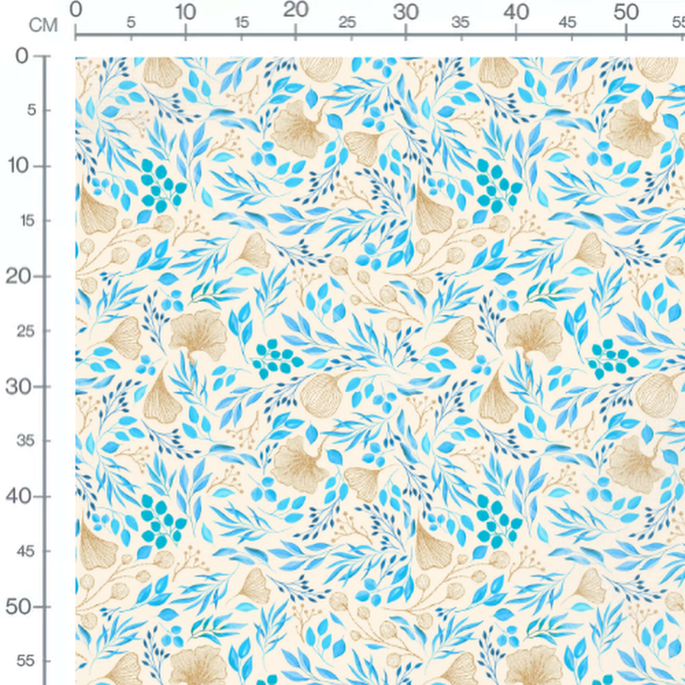 Tissu - Feuilles bleues et fleurs beige