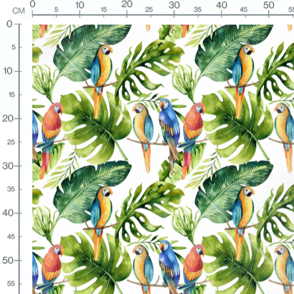 Tissu - Perroquets et feuillages tropicaux
