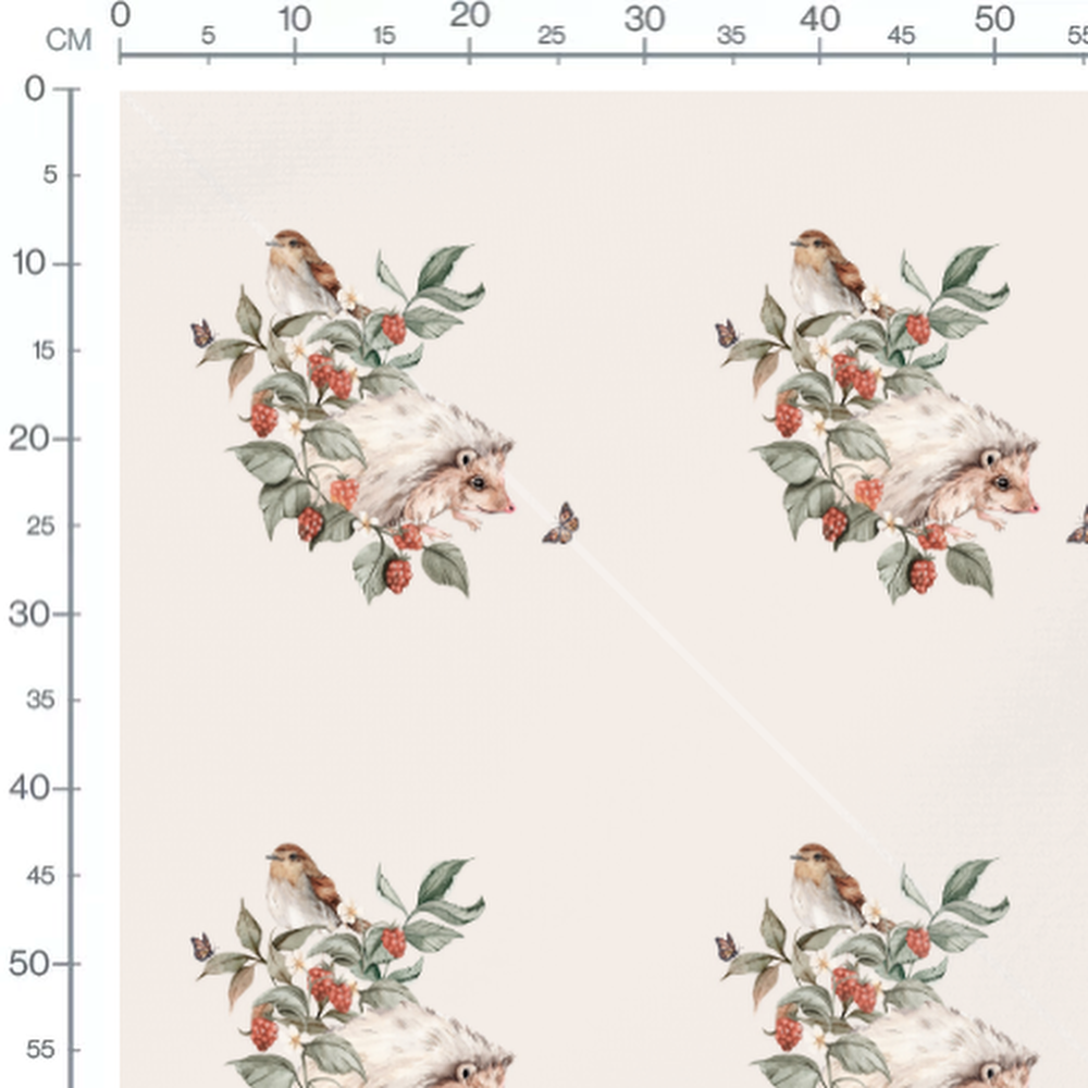 Tissu - Hérisson et oiseau sur beige