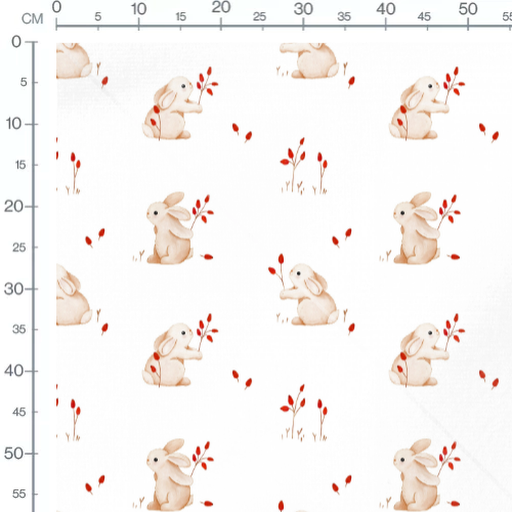 Tissu - Lapins beige et branches rouges
