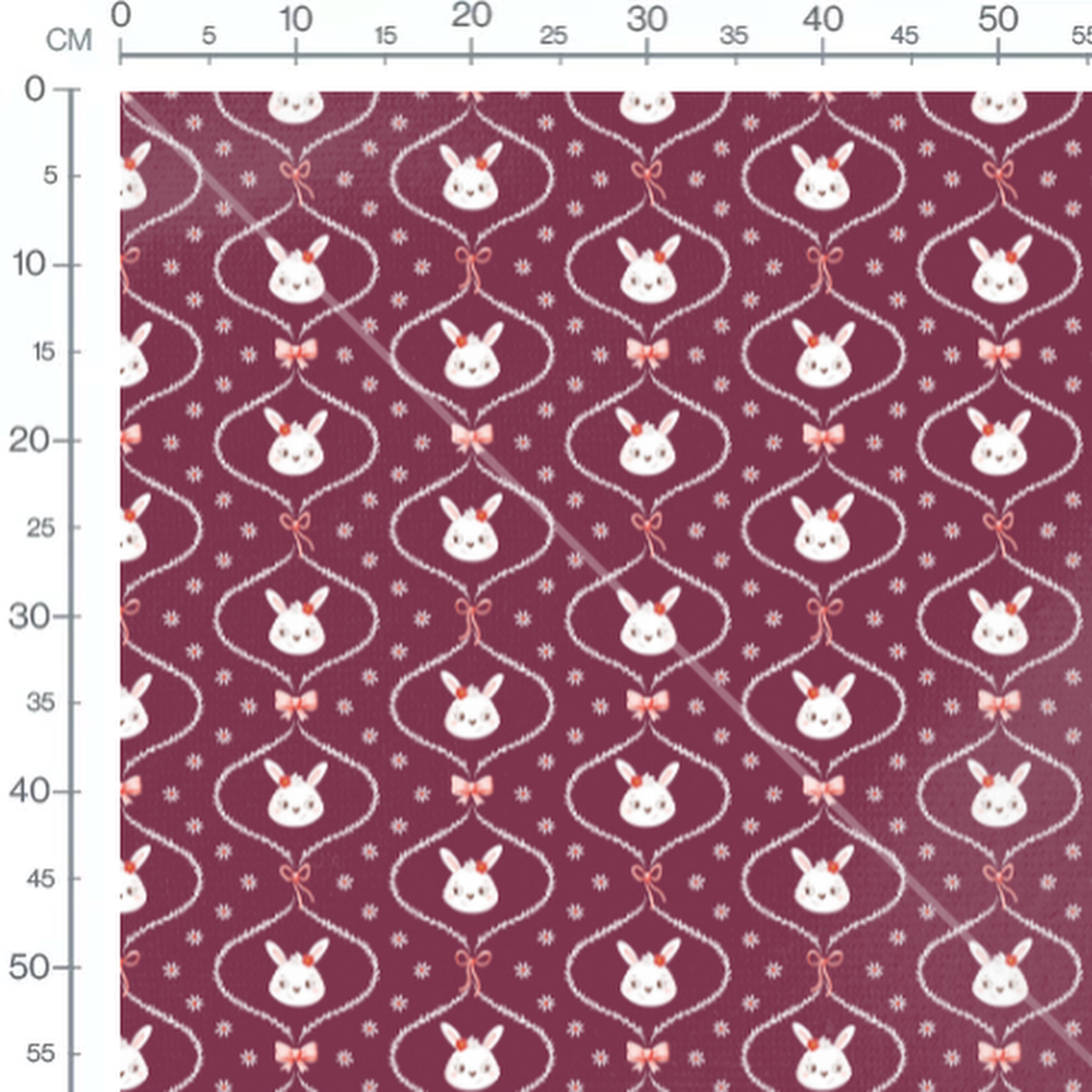 Tissu - Lapins et fleurs sur fond bordeaux