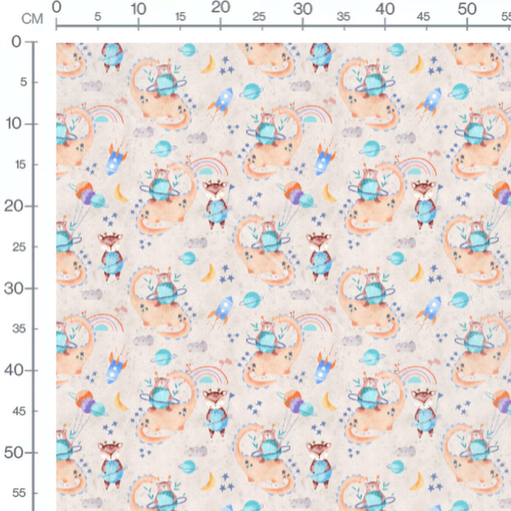 Tissu - Animaux spatiaux sur beige