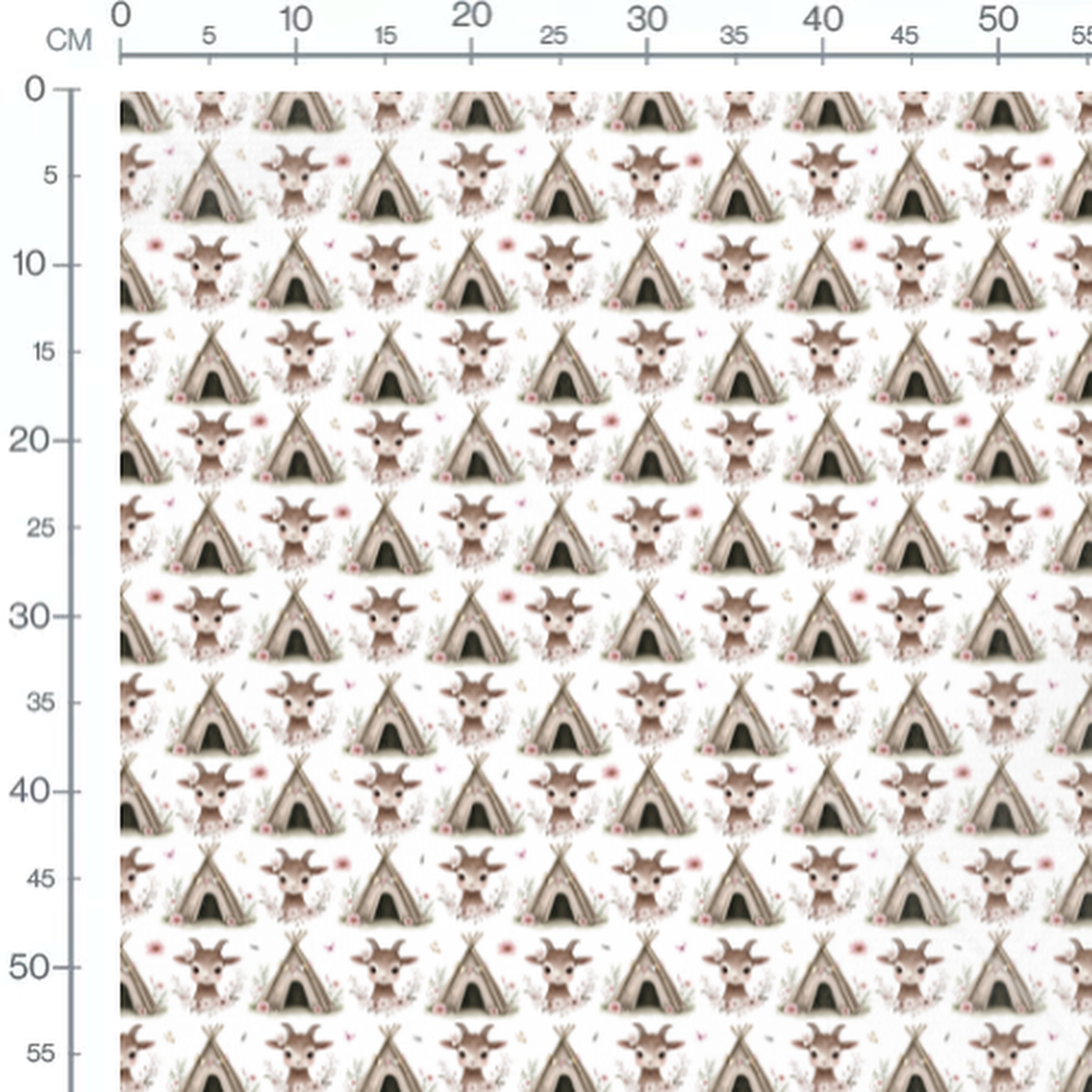 Tissu - Chèvres et tipis sur fond blanc