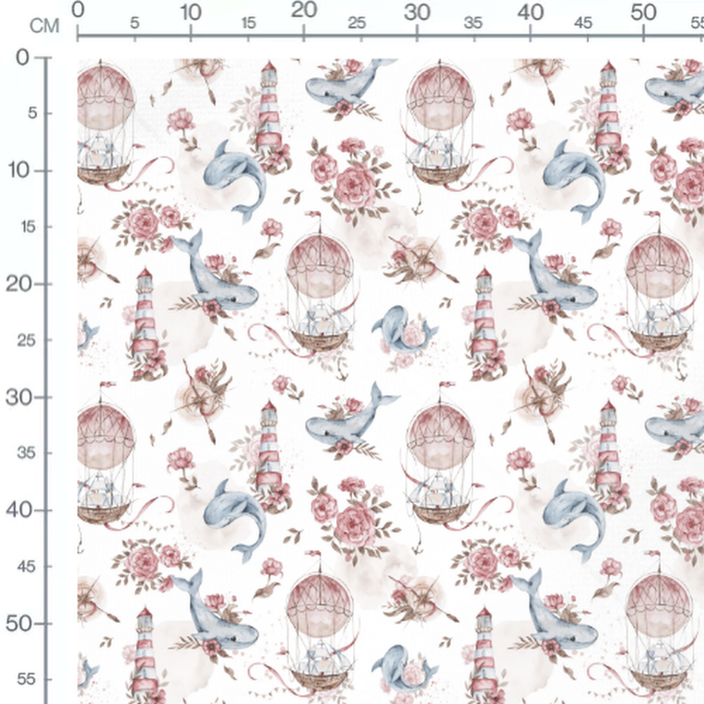 Tissu - Baleines et montgolfières blanches