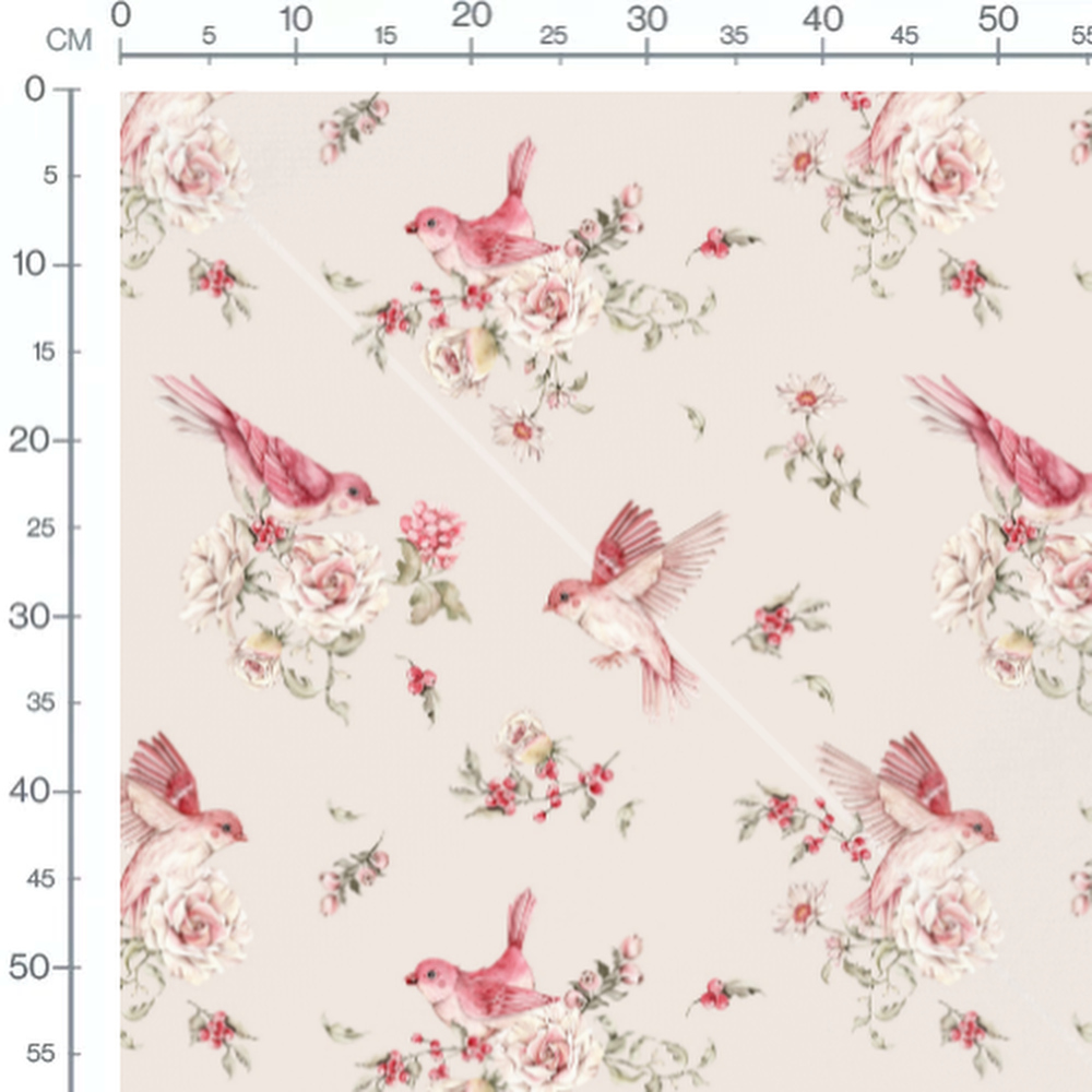 Tissu - Oiseaux roses sur fond beige