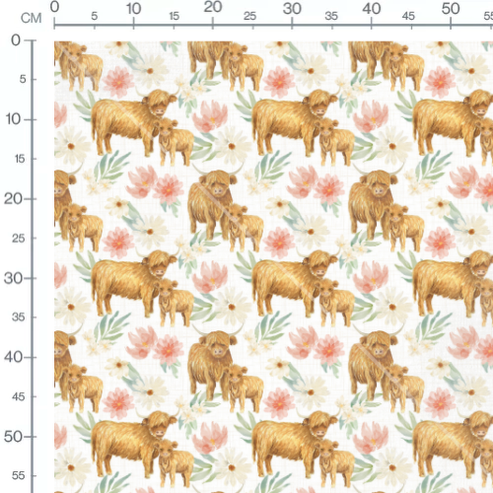 Tissu - Vaches et fleurs pastel blanches