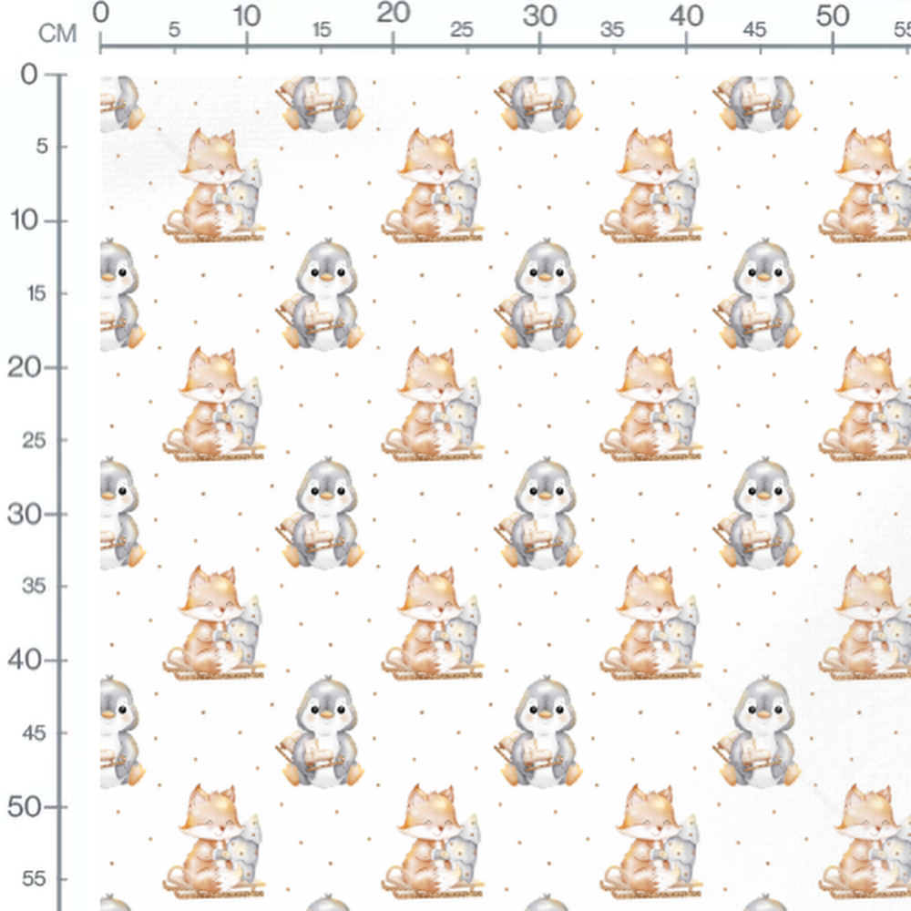 Tissu - Renard et pingouins sur blanc