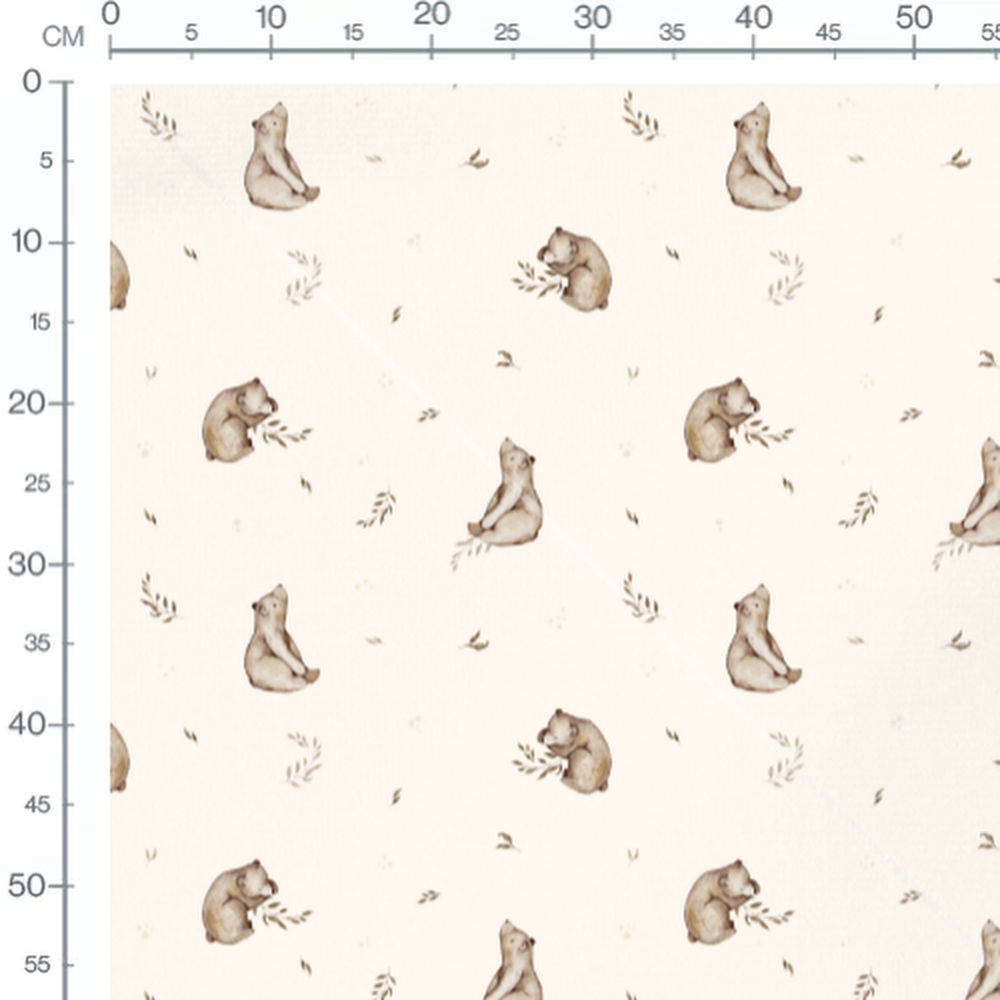 Tissu - Ours bruns et feuillages crème