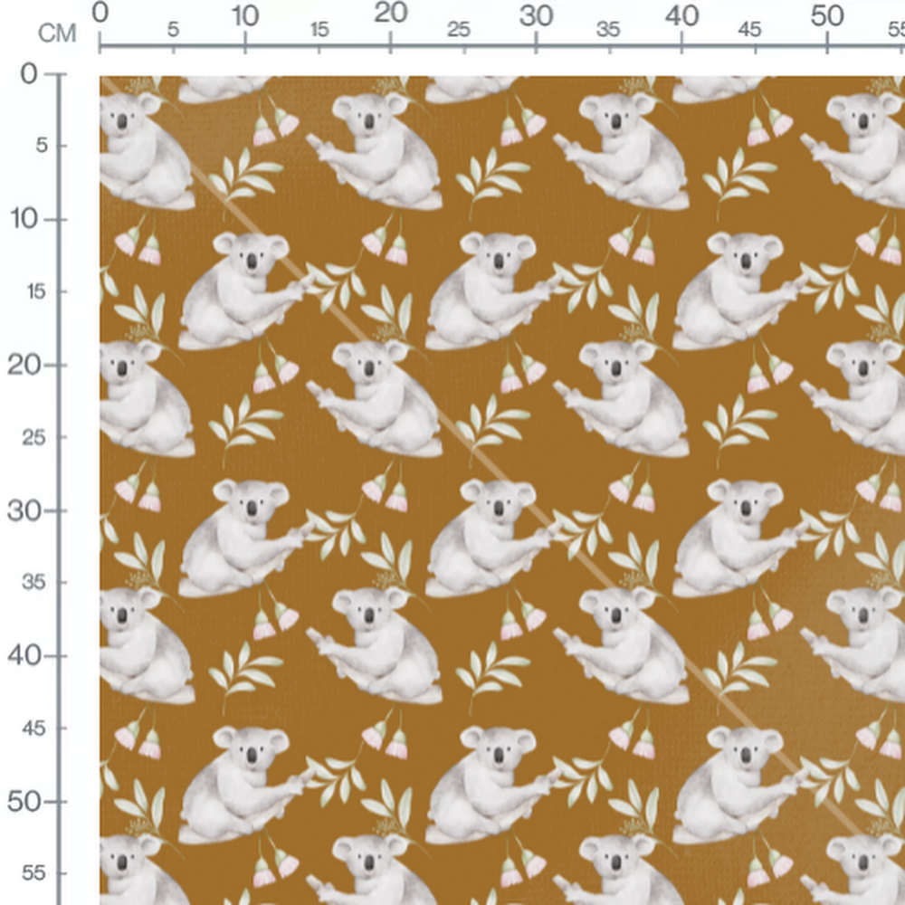 Tissu - Koalas et fleurs sur fond brun