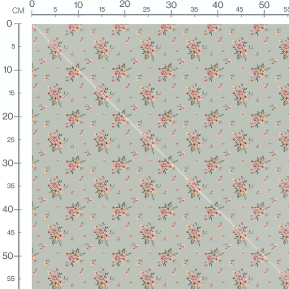 Tissu - Bouquets roses sur fond vert