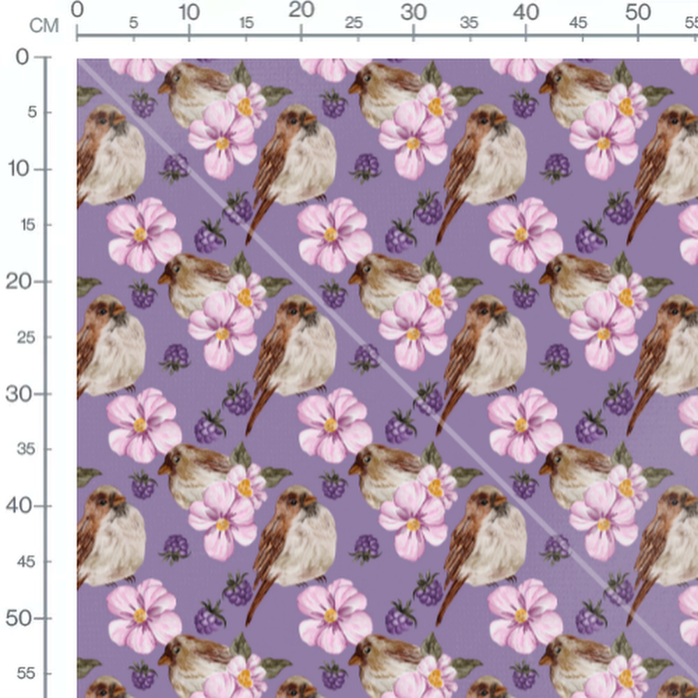 Tissu - Oiseaux bruns et fleurs roses