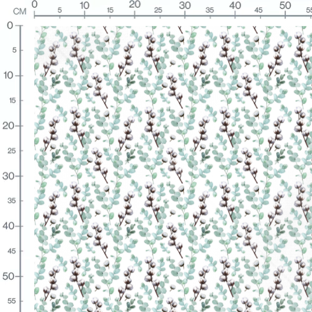 Tissu - Branches de coton et feuilles