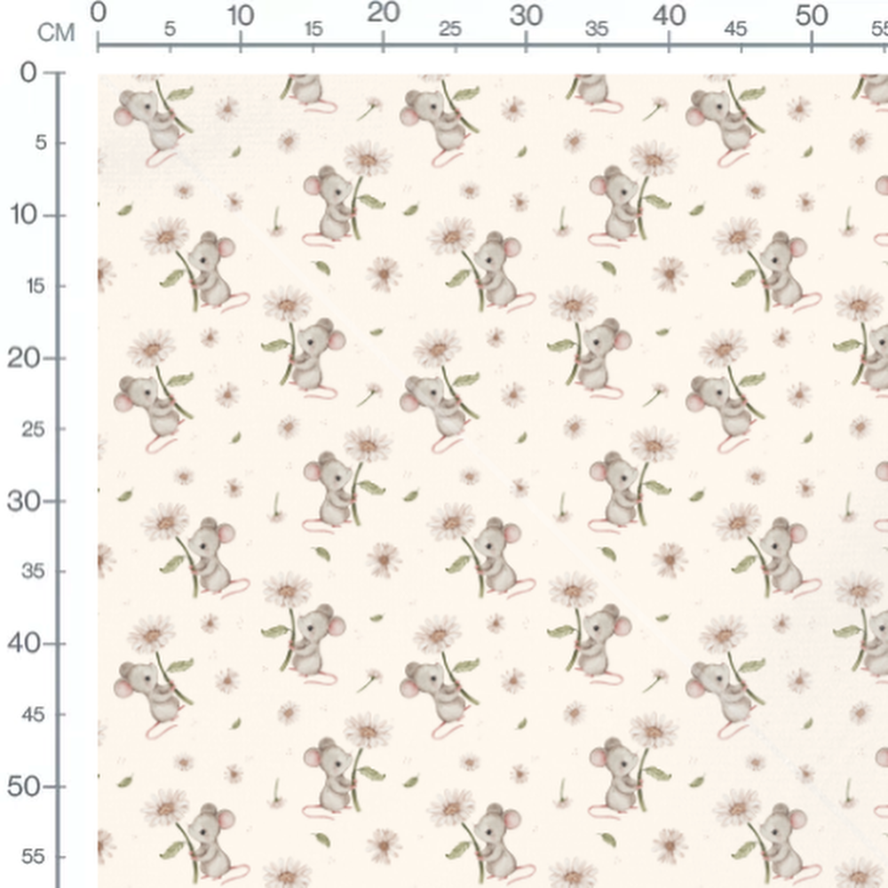 Tissu - Souris grises et fleurs blanches
