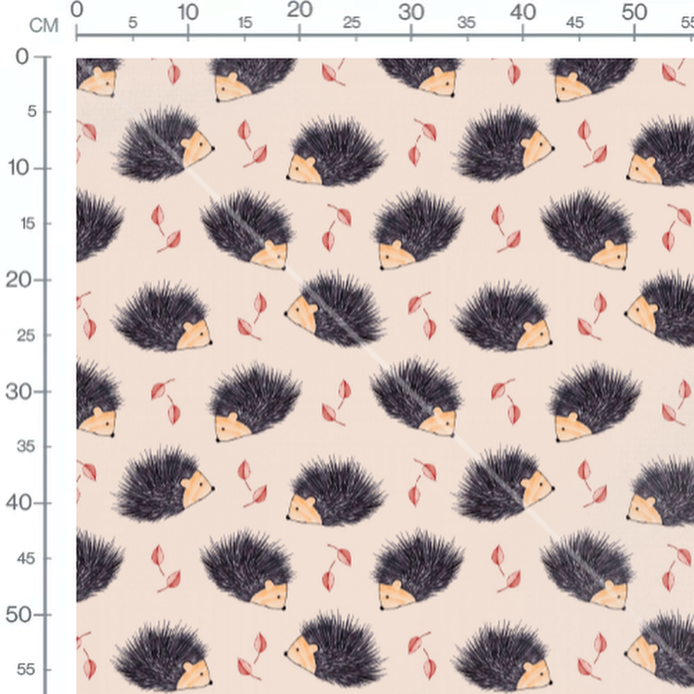 Tissu - Hérissons et feuilles rouges
