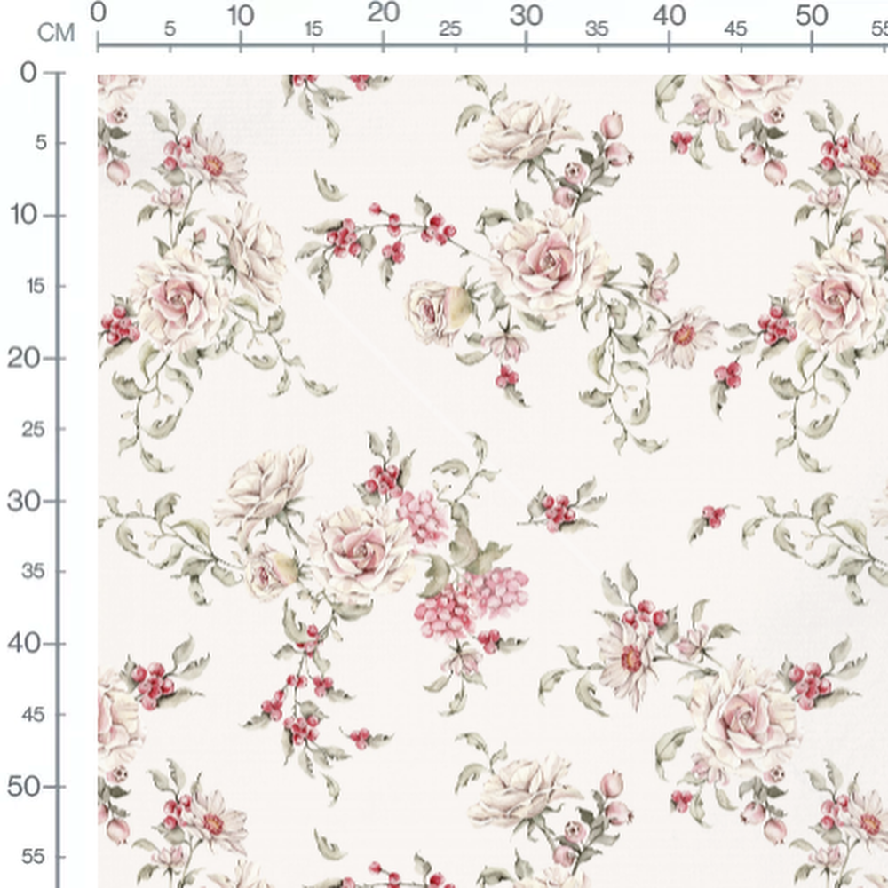 Tissu - Roses pâles et baies sur crème