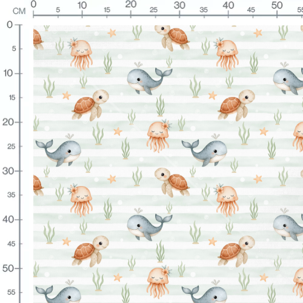Tissu - Baleines et algues vertes