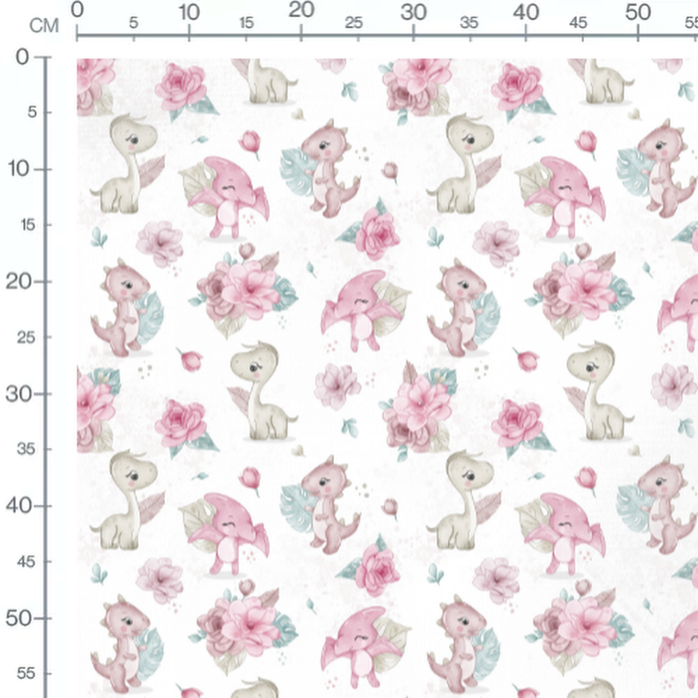 Tissu - Dinosaures joyeux et fleurs roses