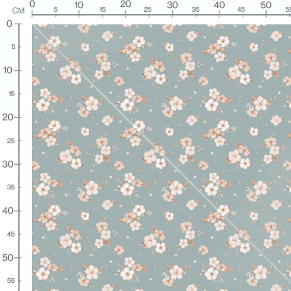 Tissu - Fleurs beige sur fond bleu