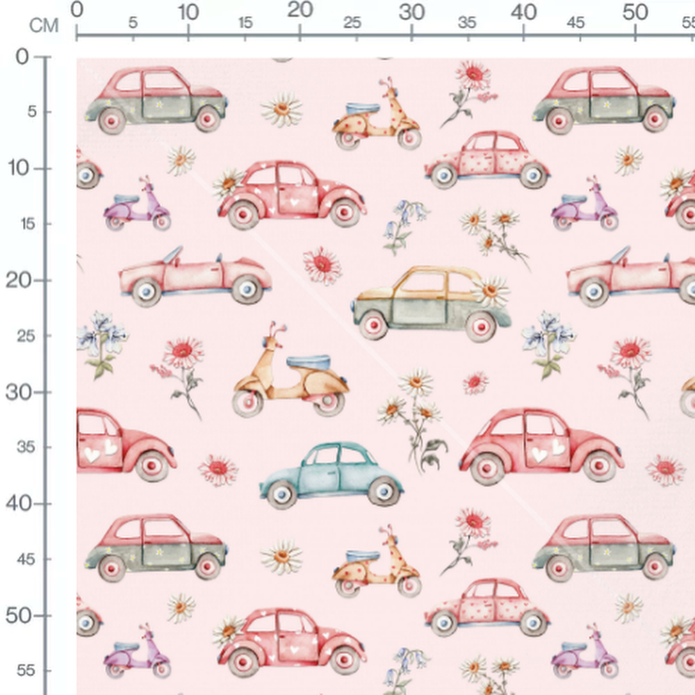 Tissu - Voitures colorées sur fond rose