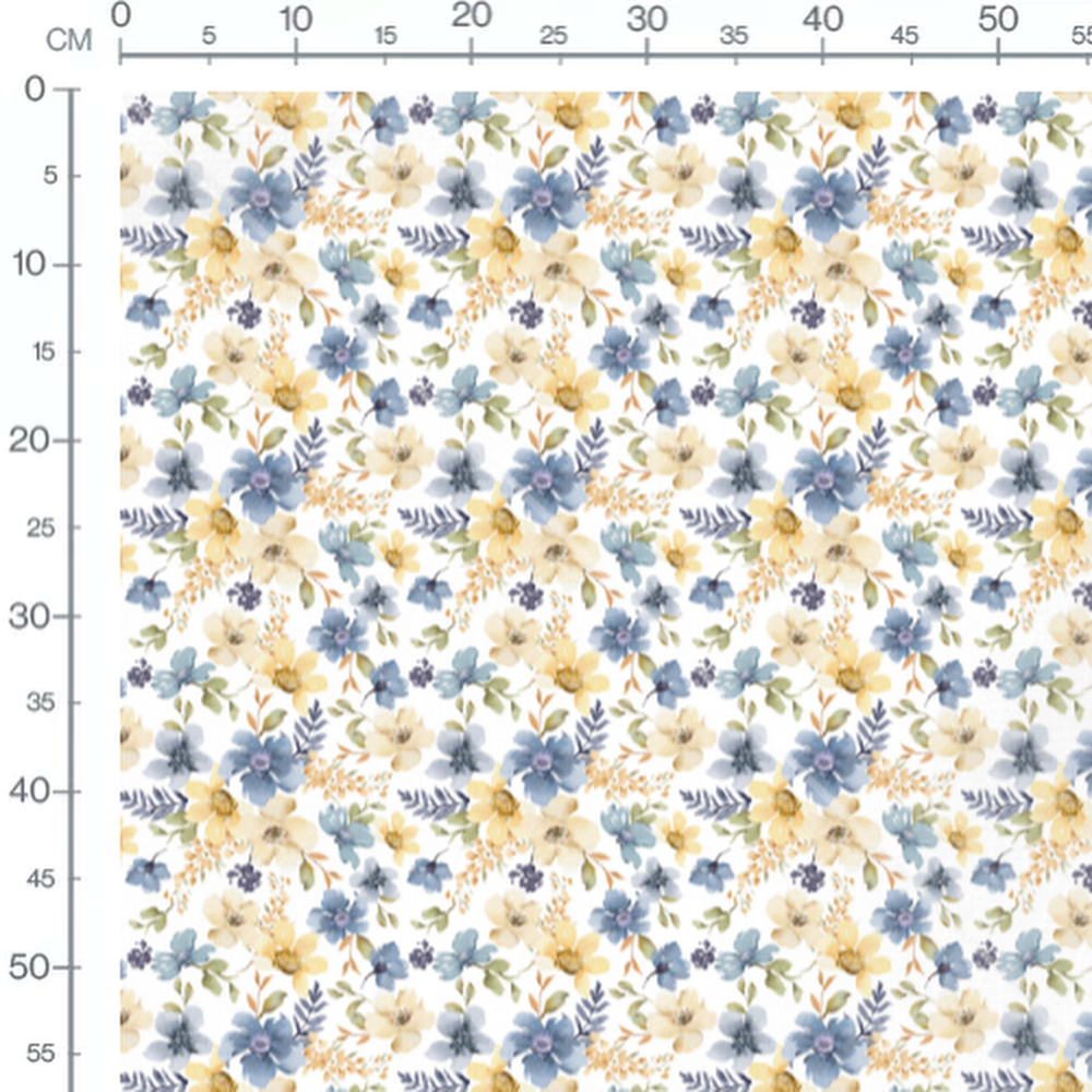 Tissu - Fleurs aquarelle bleues et jaunes