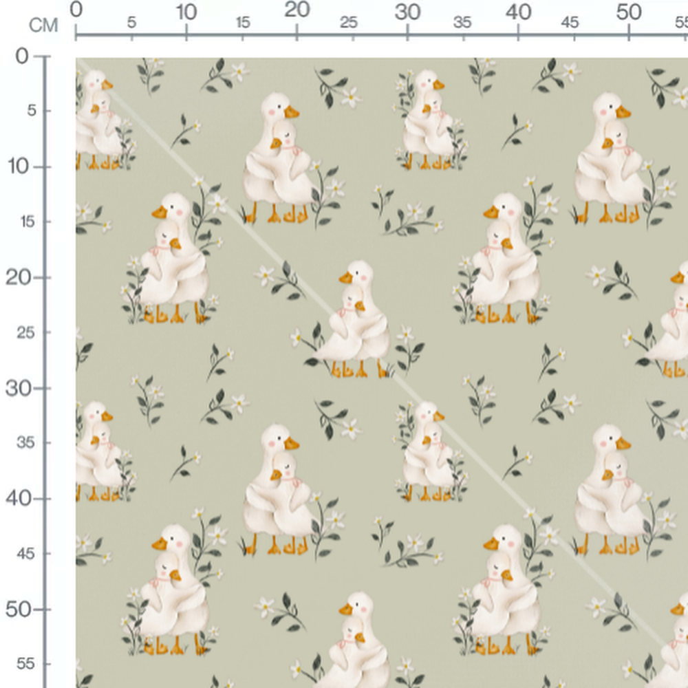 Tissu - Canards sur fond vert fleuri