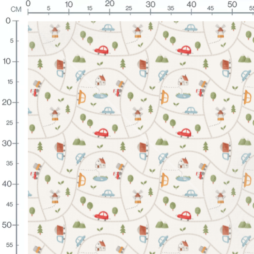 Tissu - Voitures et paysages ludiques