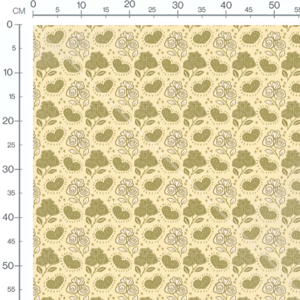 Tissu - Roses et cœurs verts