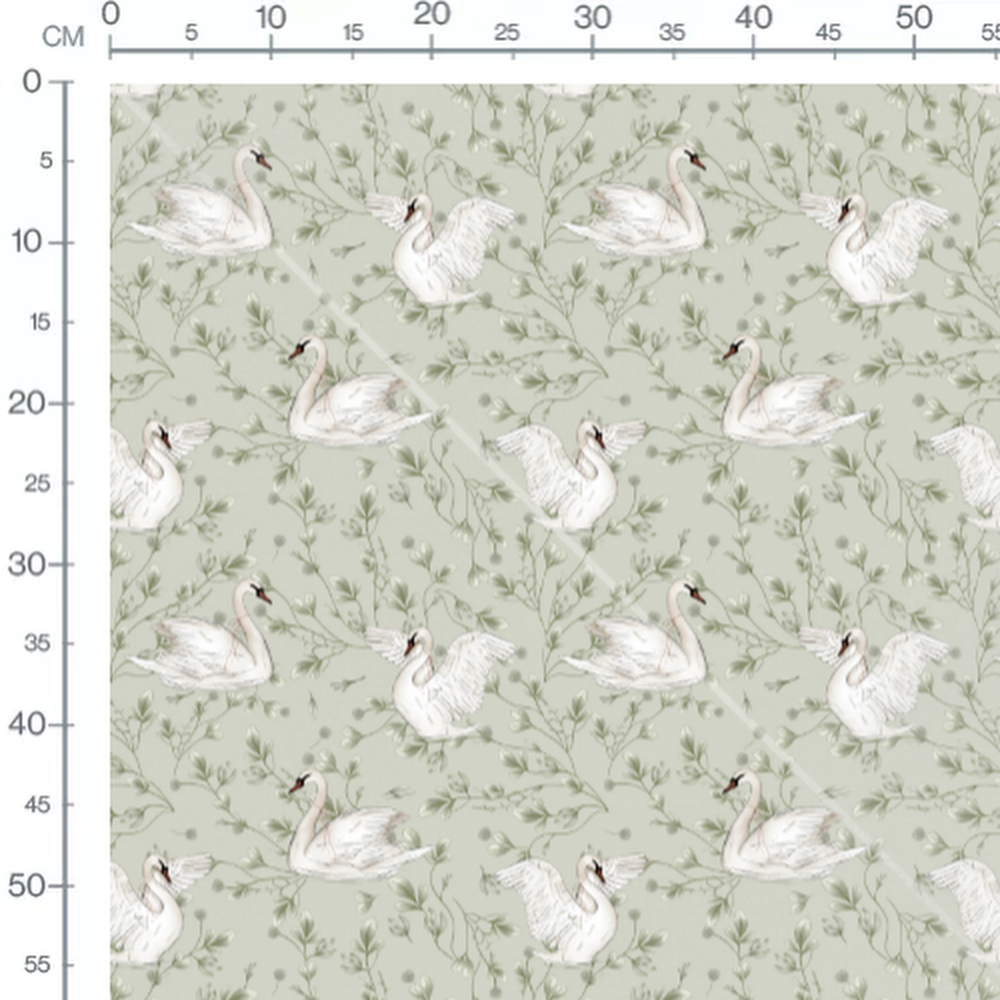 Tissu - Cygnes blancs sur fond vert