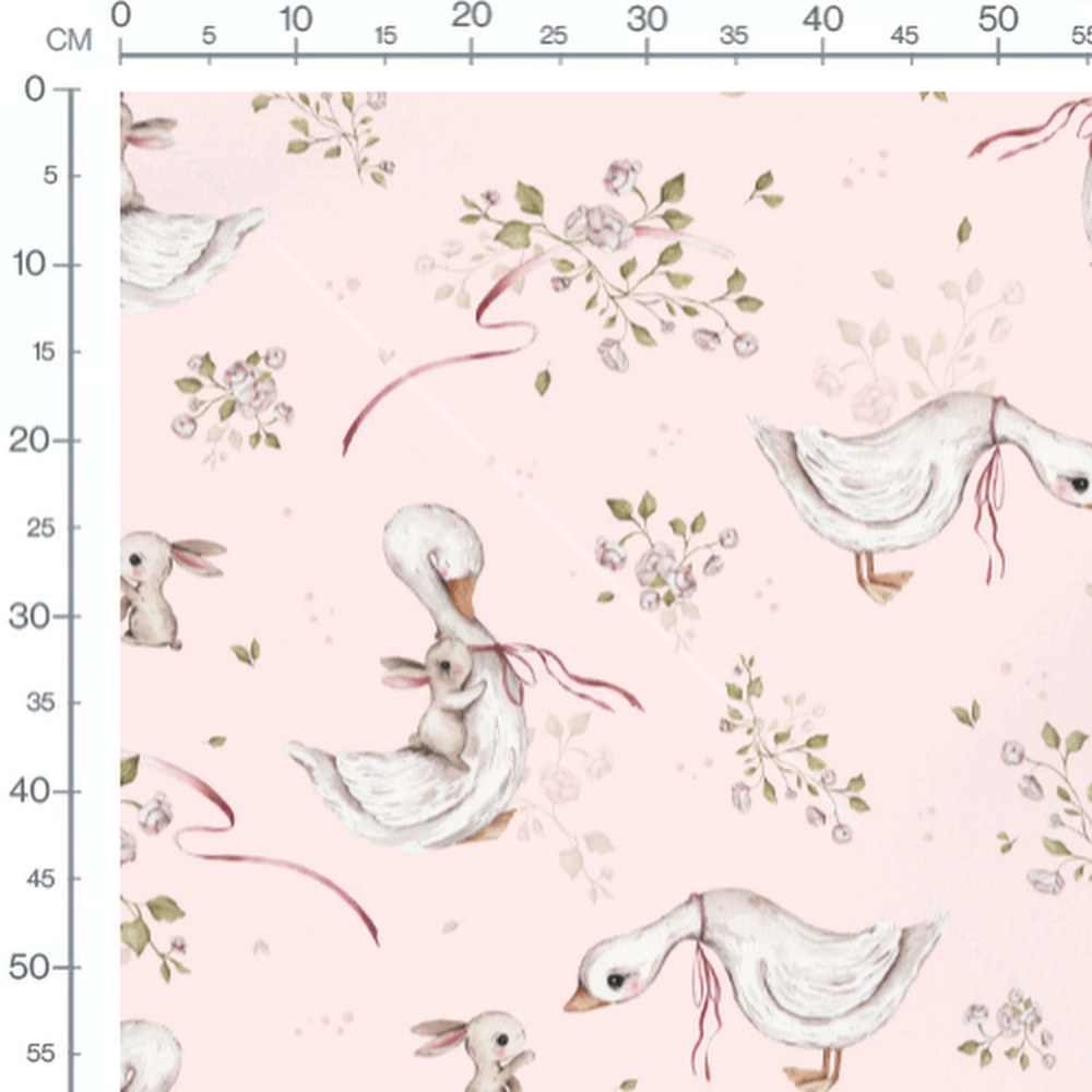 Tissu - Oies et lapins fleuris