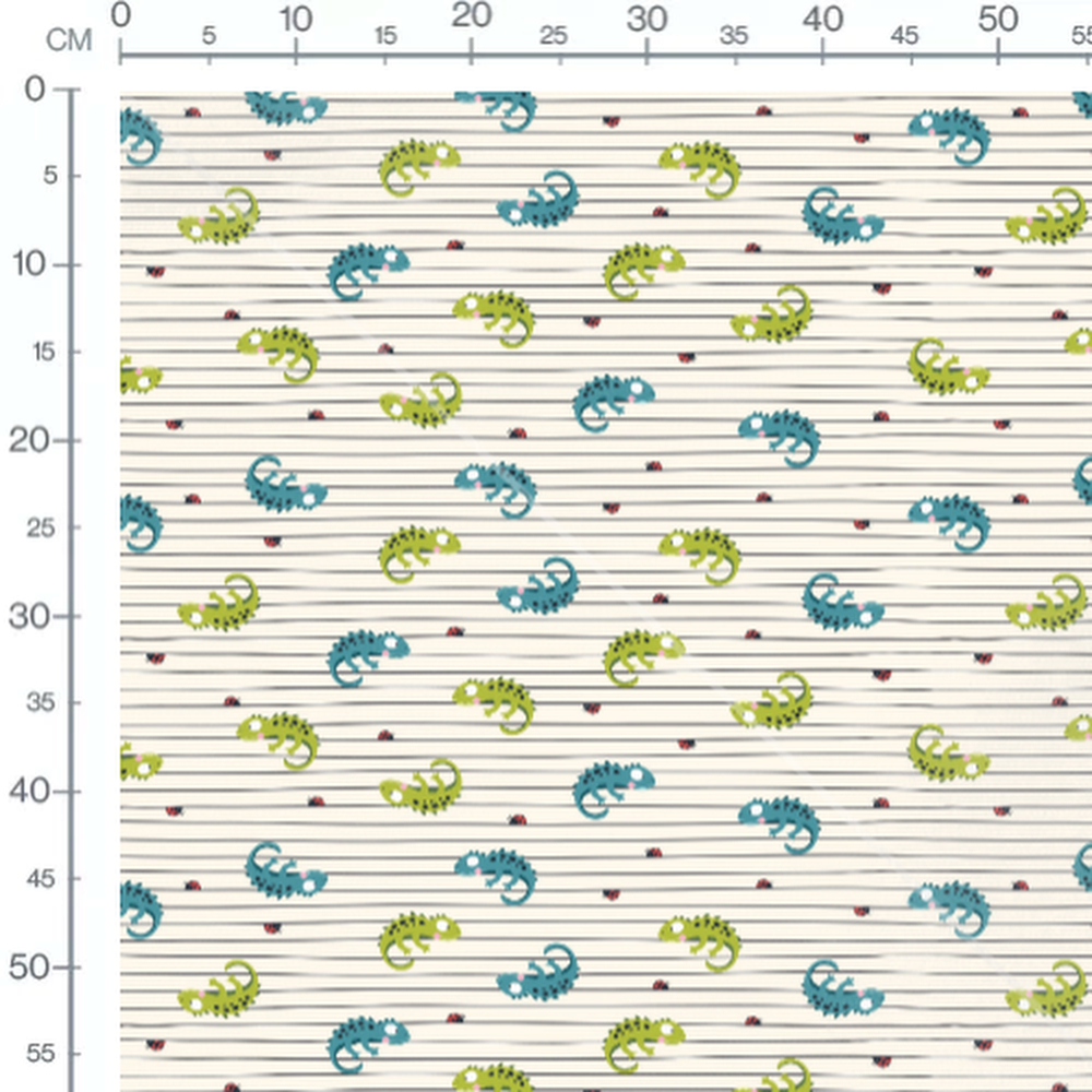 Tissu - Caméléons et coccinelles rayés