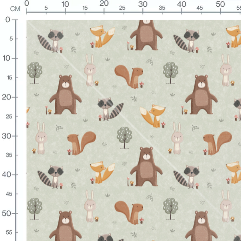 Tissu - Animaux forêt fond vert