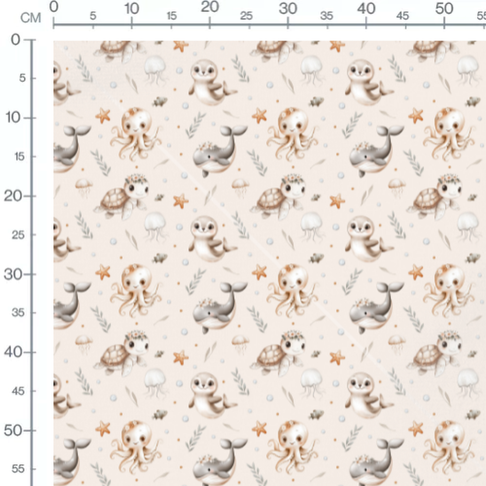 Tissu - Animaux marins floraux beige
