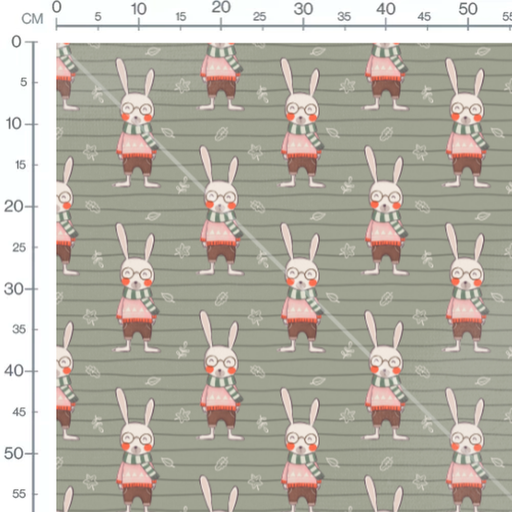 Tissu - Lapins habillés sur fond vert