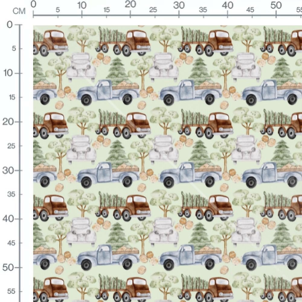 Tissu - Camions sur fond vert doux