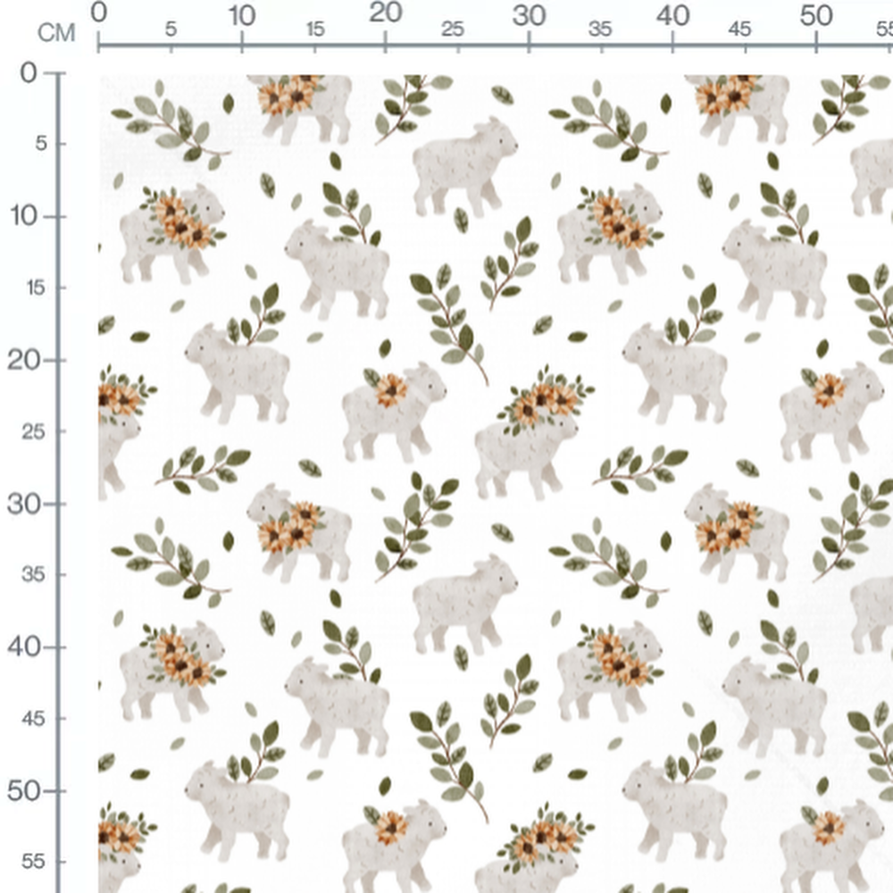 Tissu - Moutons fleuris et feuillage