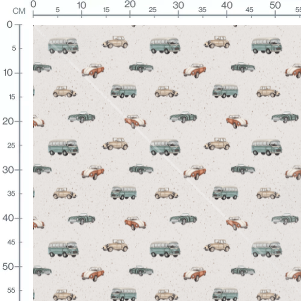 Tissu - Voitures vintage sur beige tacheté