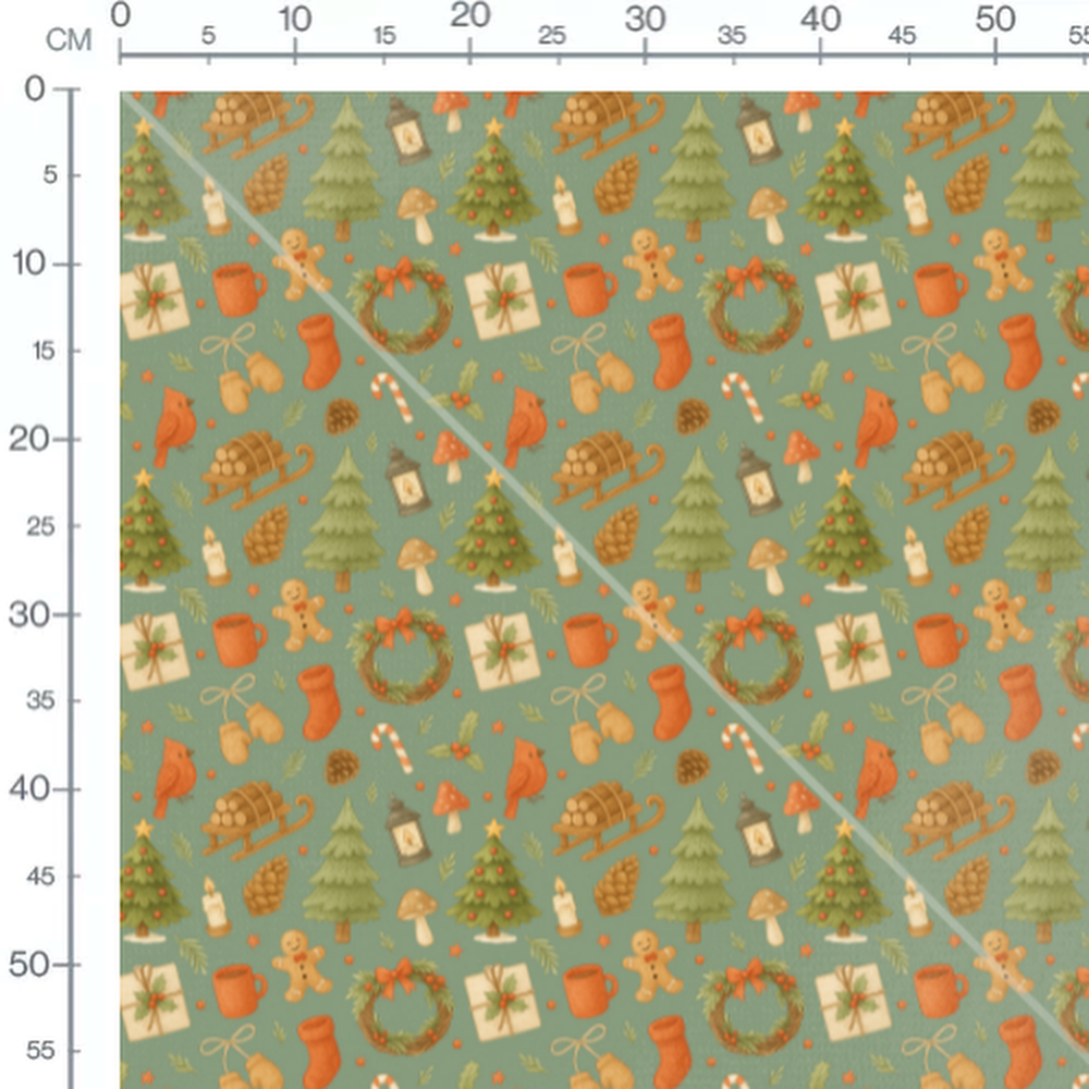 Tissu - Éléments de Noël sur fond vert